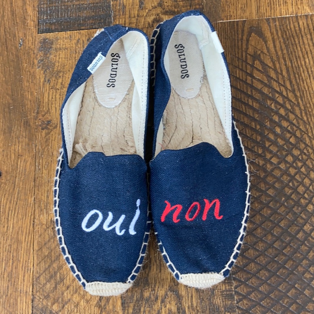 Soludos Navy Canvas Espadrilles with White and Red Script